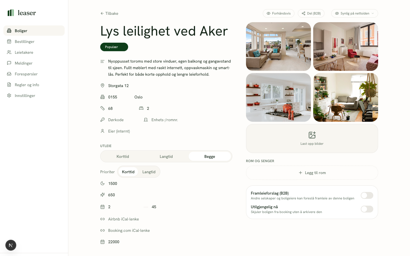 Boligredigering med bookinger, leieavtaler og kanalsynk